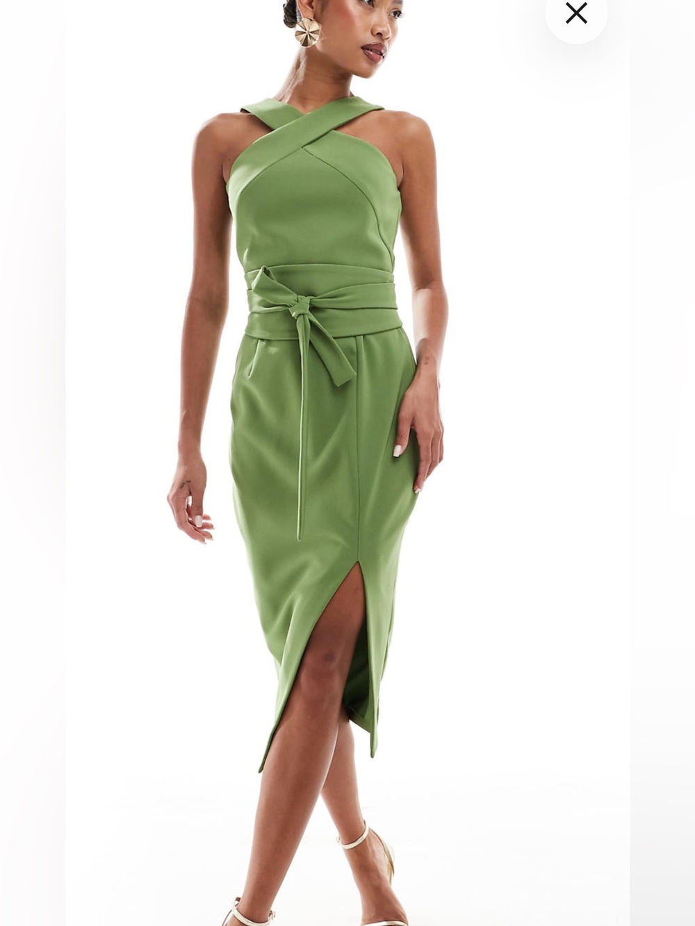 ASOS Olive Green Cross-Neck Midi Dress with Waist Tie
